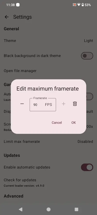Editing the maximum framerate in Geode launcher settings, set to 90 FPS