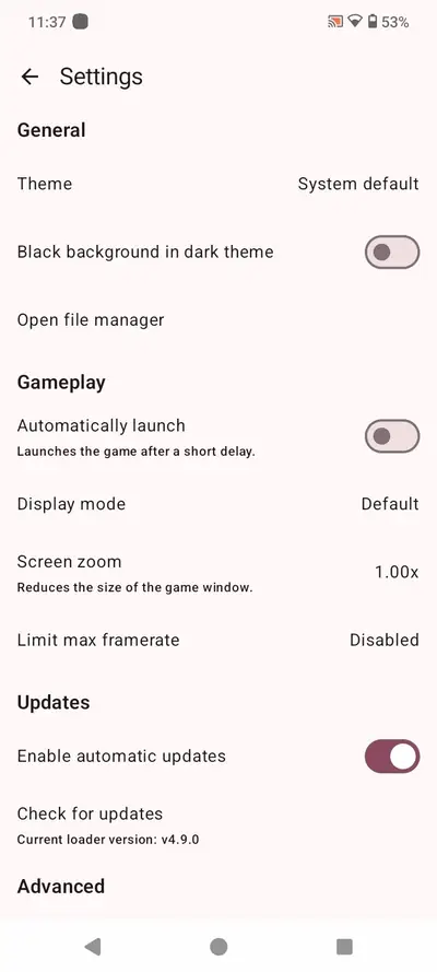 Geode launcher settings showing theme, automatic launch, display mode, screen zoom, framerate limit and update options