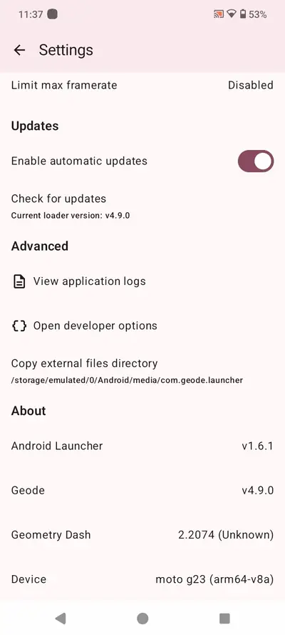 Geode launcher advanced settings with application logs, developer options and the About panel listing launcher, framework and game versions