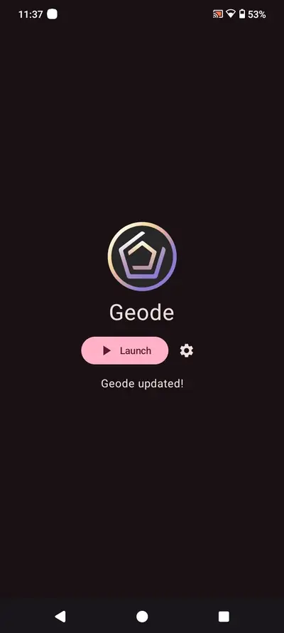 The Geode launcher home screen in its dark theme with the gradient pentagon logo and pink Launch button